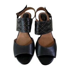 CLARKS Artisan Black Leather Heeled Sandal, 9
